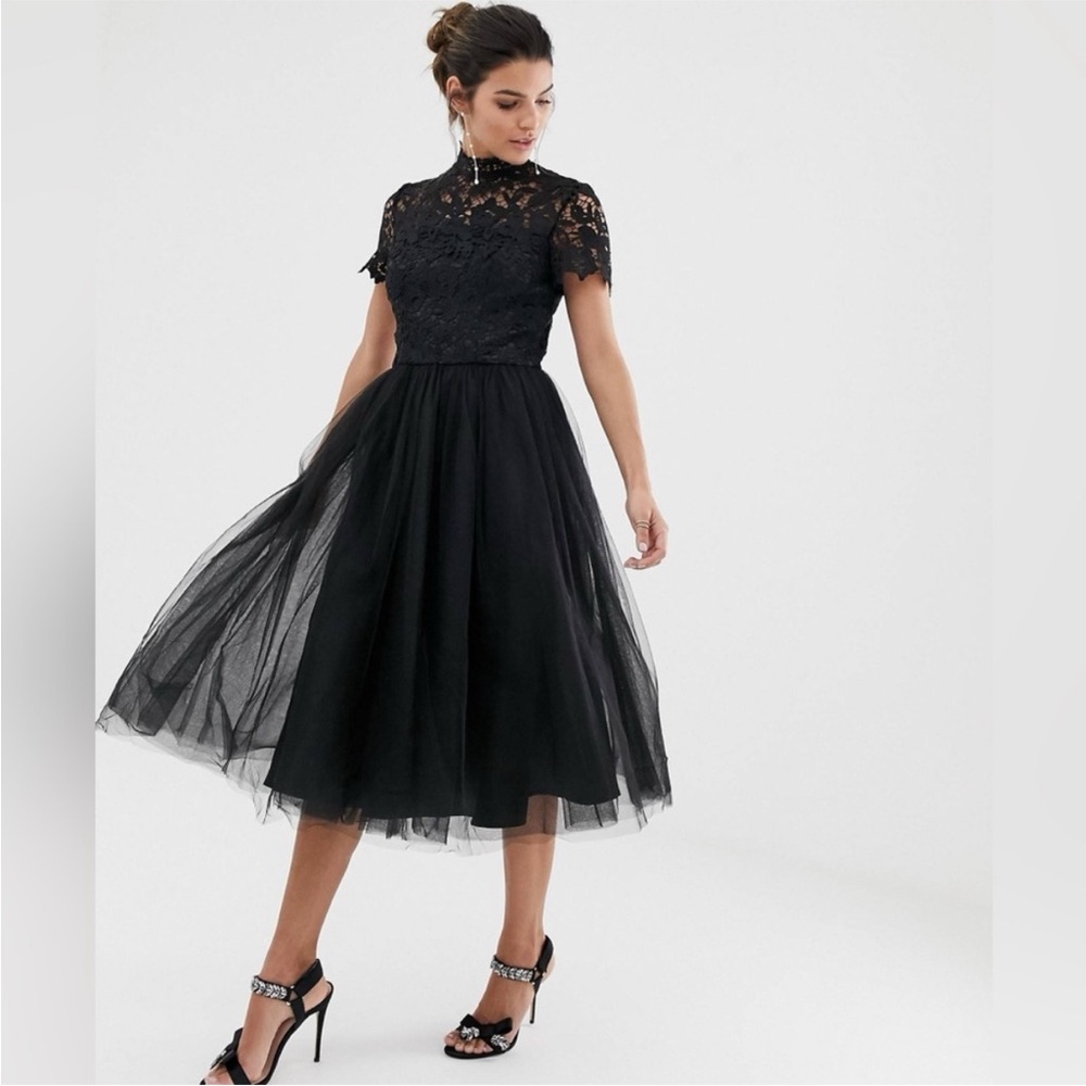 Chi Chi London Black Bronte Lace Tulle Midi Dress sz US4/UK 10